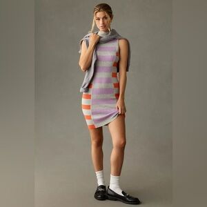 Daily Practice Knit Bodycon Dress XS Gray Lilac Orange Striped Sleeveless Ribbed